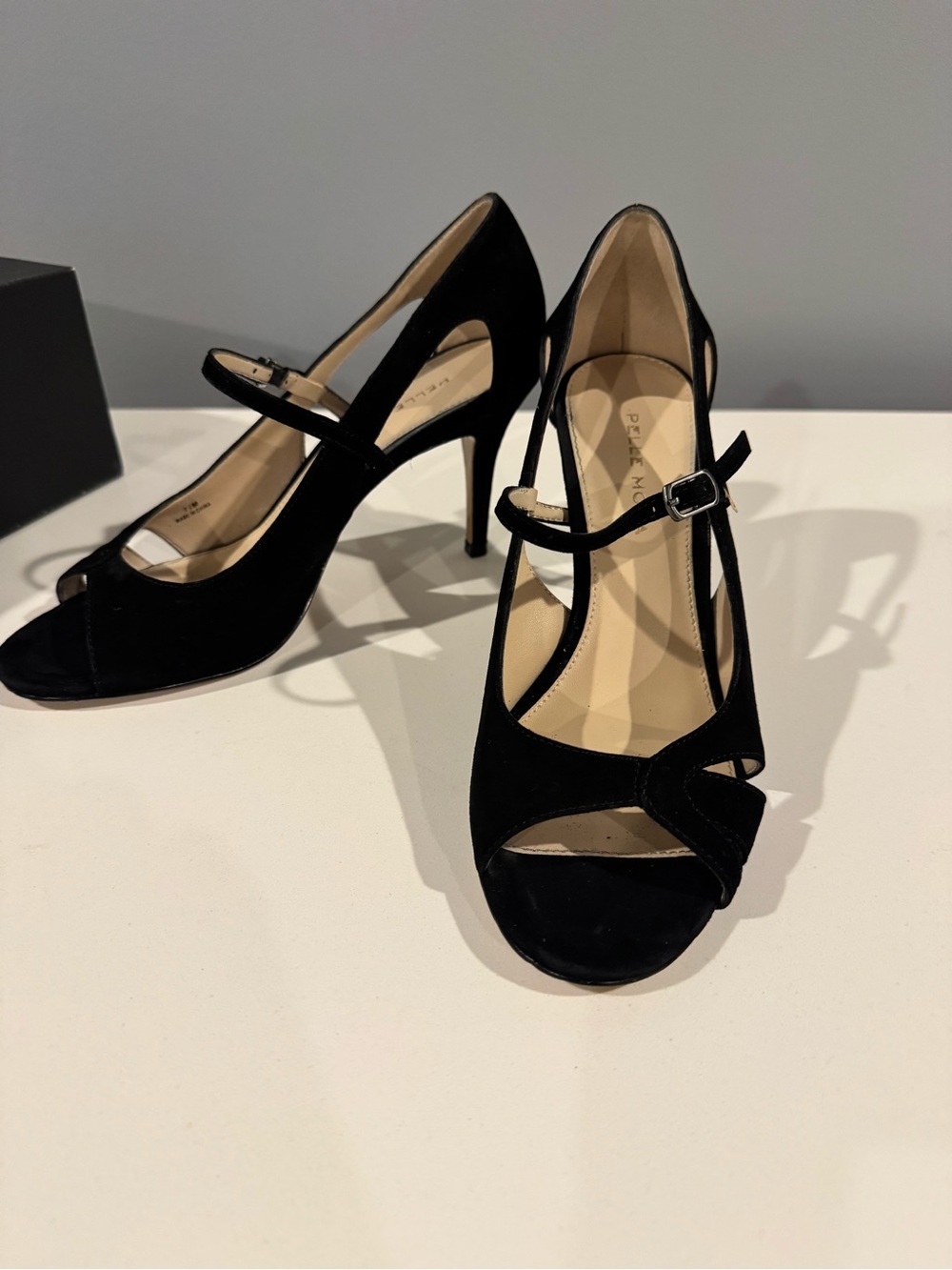 Pelle Moda Black Suede Mary Jane Peep-Toe Heels